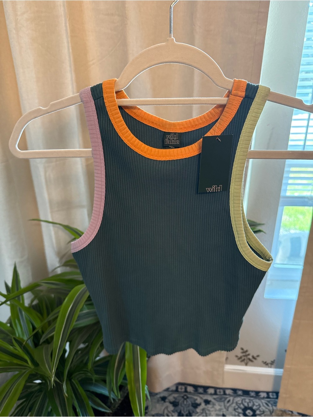 wild fable Teal Ribbed Crop Tank with Orange Neckline and Pink & Lime Arm Trim